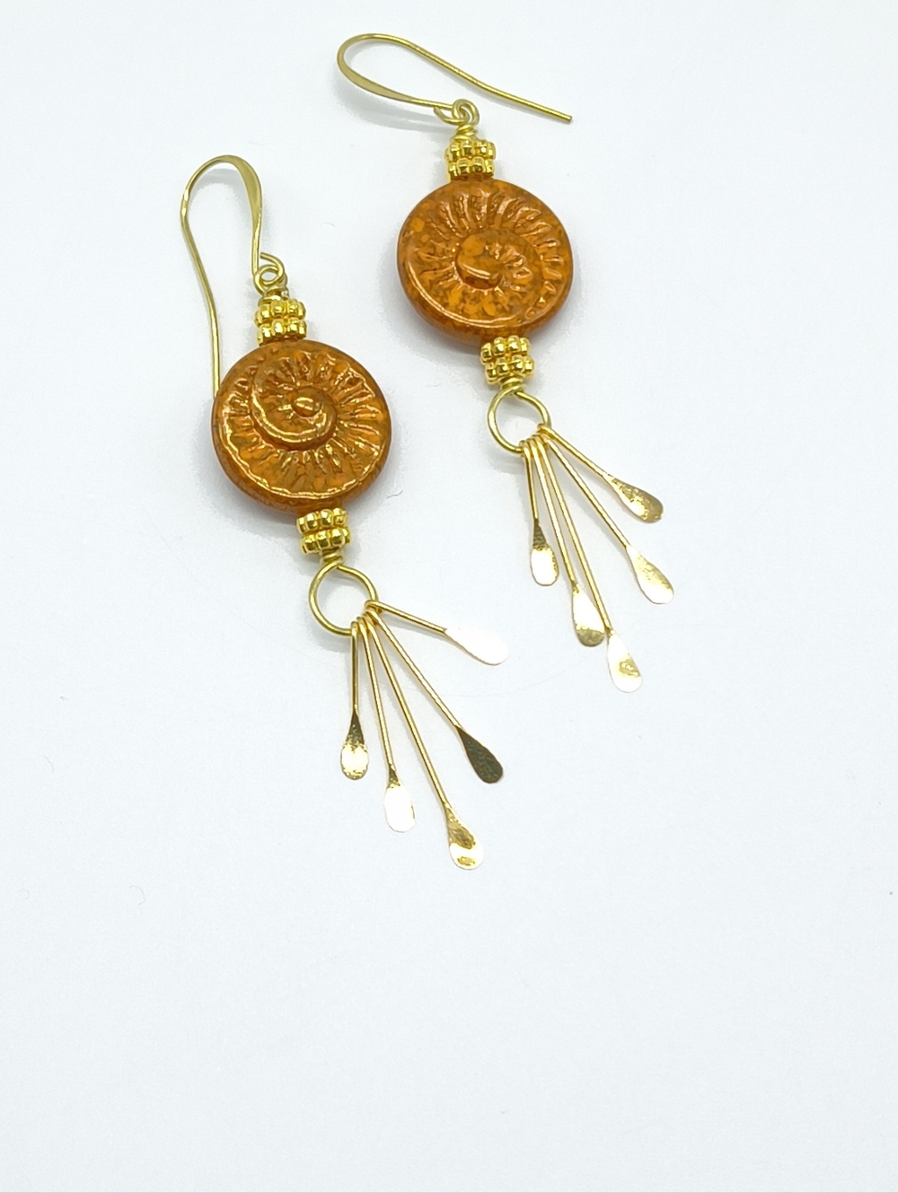 Gold Tone Czech Glass Ammonite Fossil Dangle Earrings